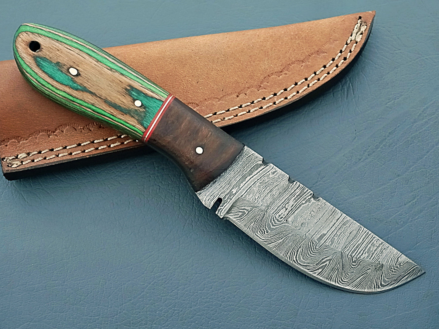 Custom Handmade Damascus Steel Skinner Knife - 8" Skinning Knife with Leather Sheath