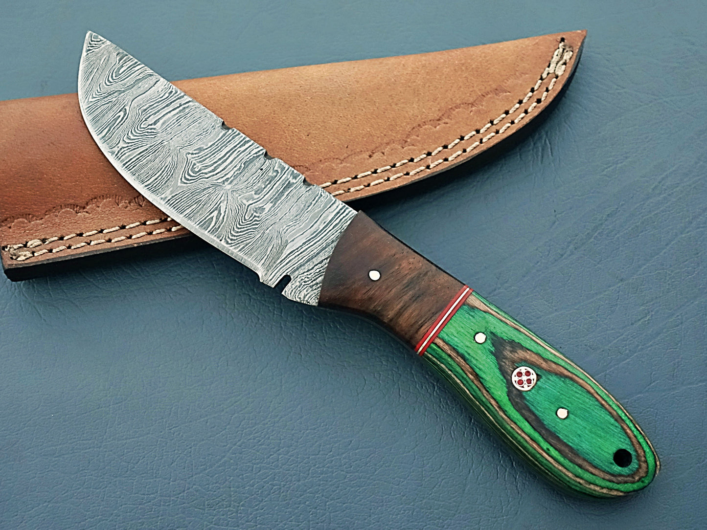 Custom Handmade Damascus Steel Skinner Knife - 8" Skinning Knife with Leather Sheath