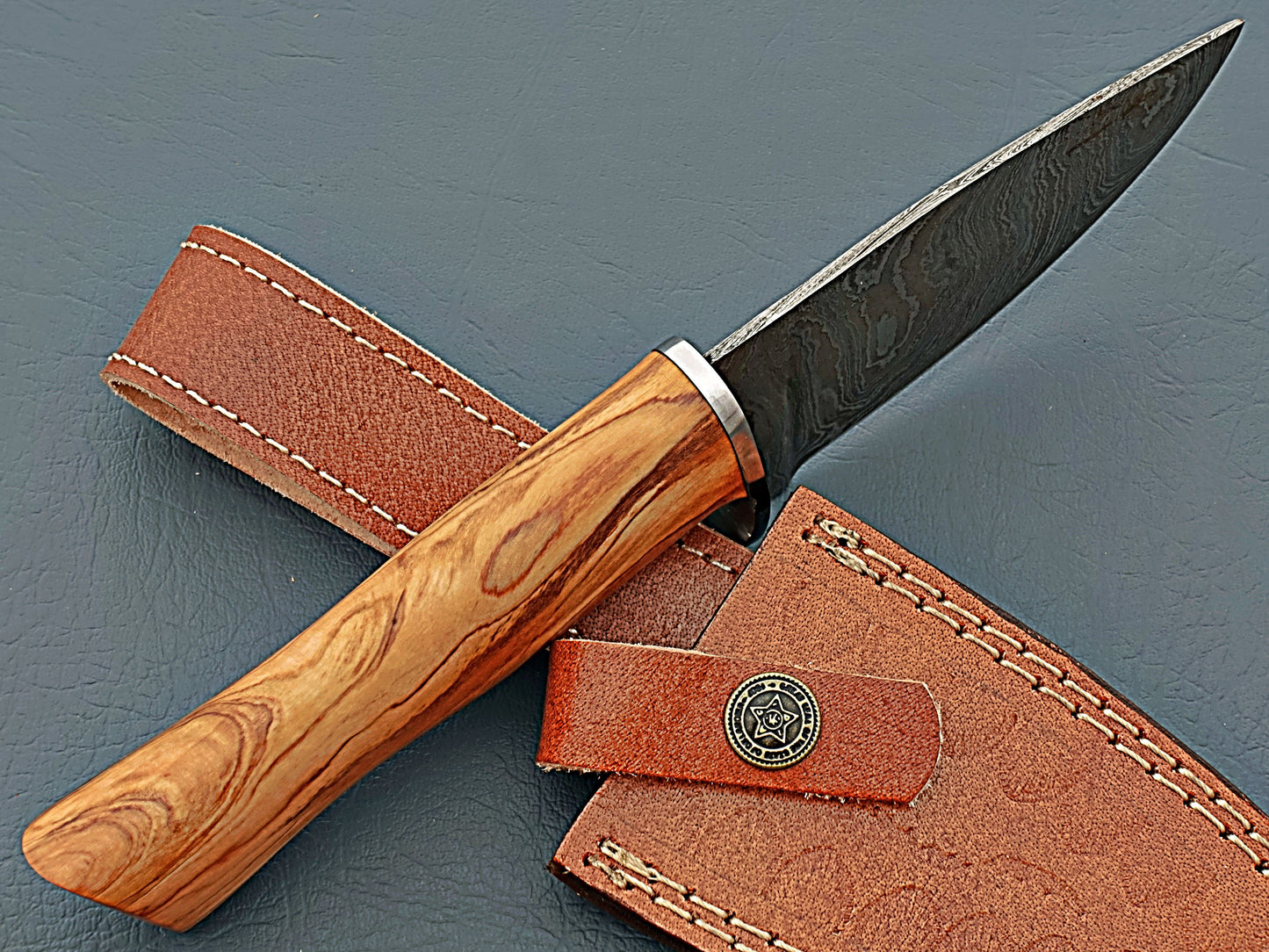 USA Damascus Steel Hunting Knife with Sharp Edge and Leather Scabbard - 9" Handmade by Hope Blades