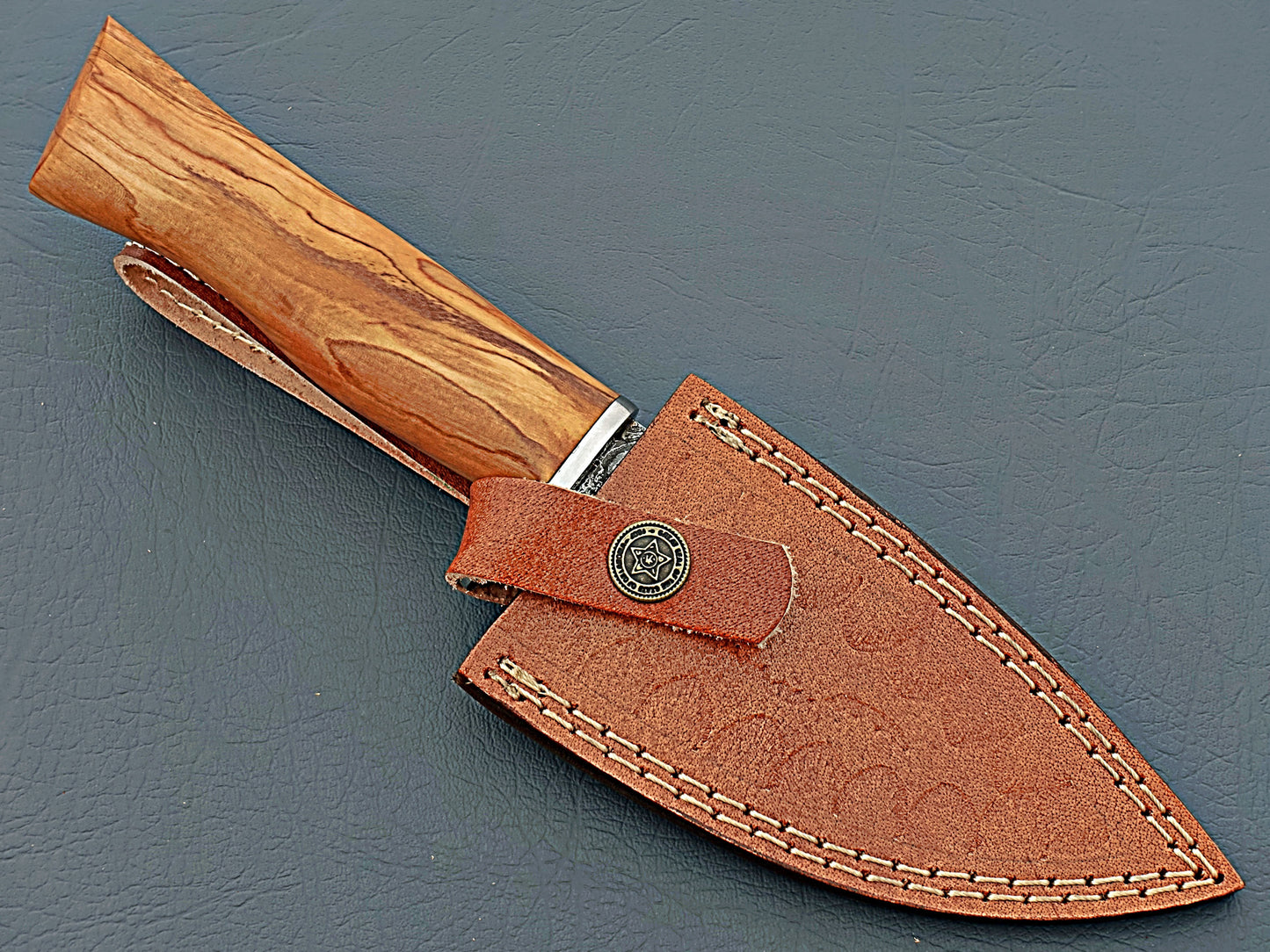 USA Damascus Steel Hunting Knife with Sharp Edge and Leather Scabbard - 9" Handmade by Hope Blades