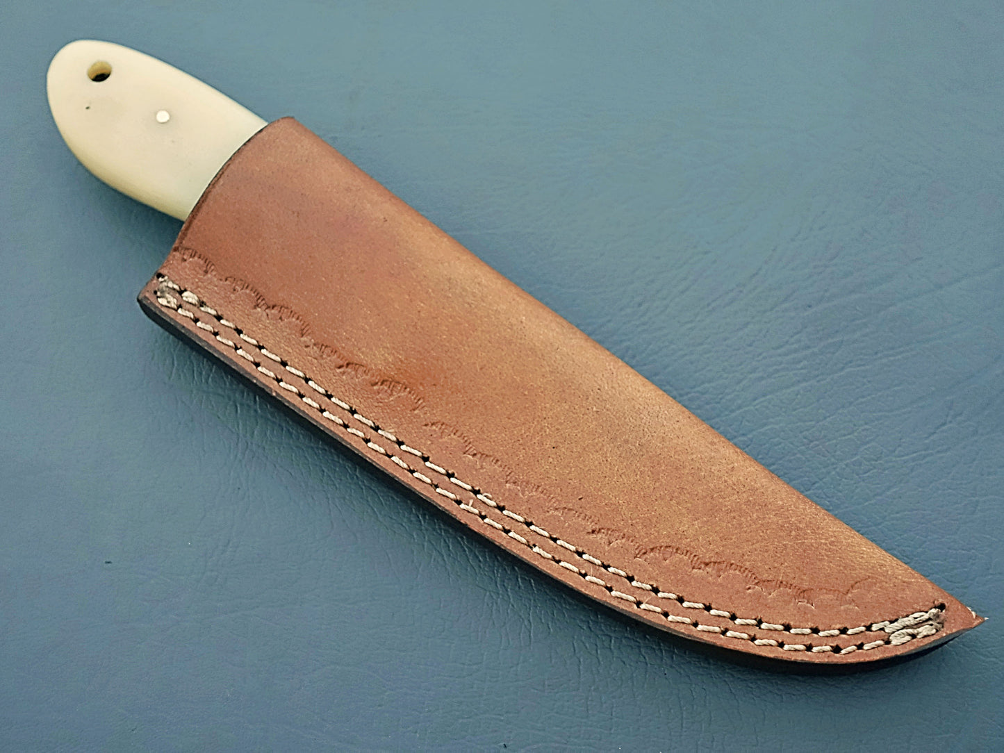 Damascus 8" Skinning Knife Leather Sheath - Custom Handcrafted Knife