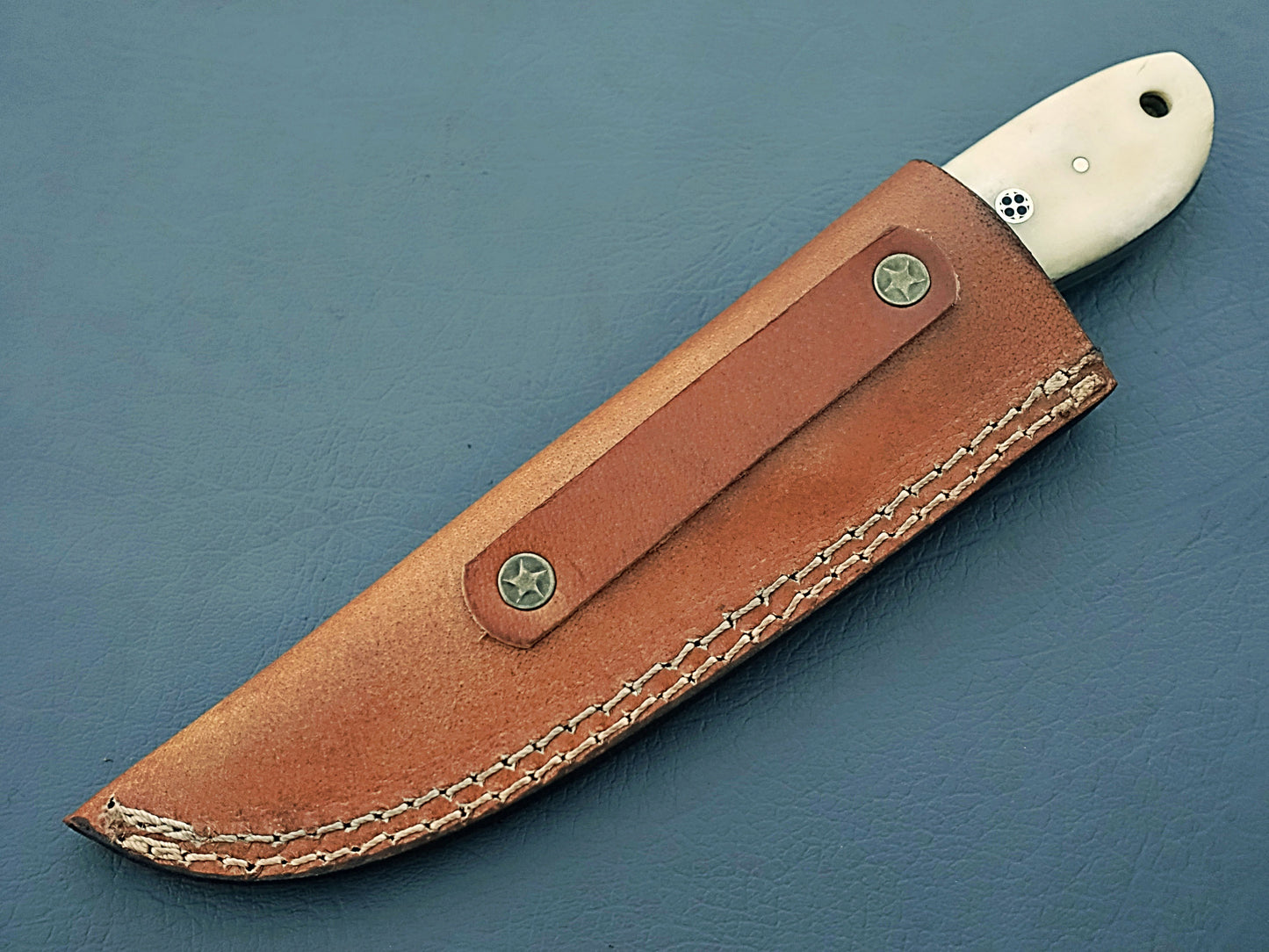 Damascus 8" Skinning Knife Leather Sheath - Custom Handcrafted Knife