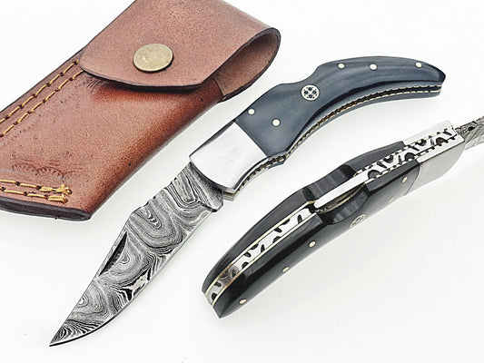 Custom Damascus Pocket Folding Knife with Camel Bone Handle