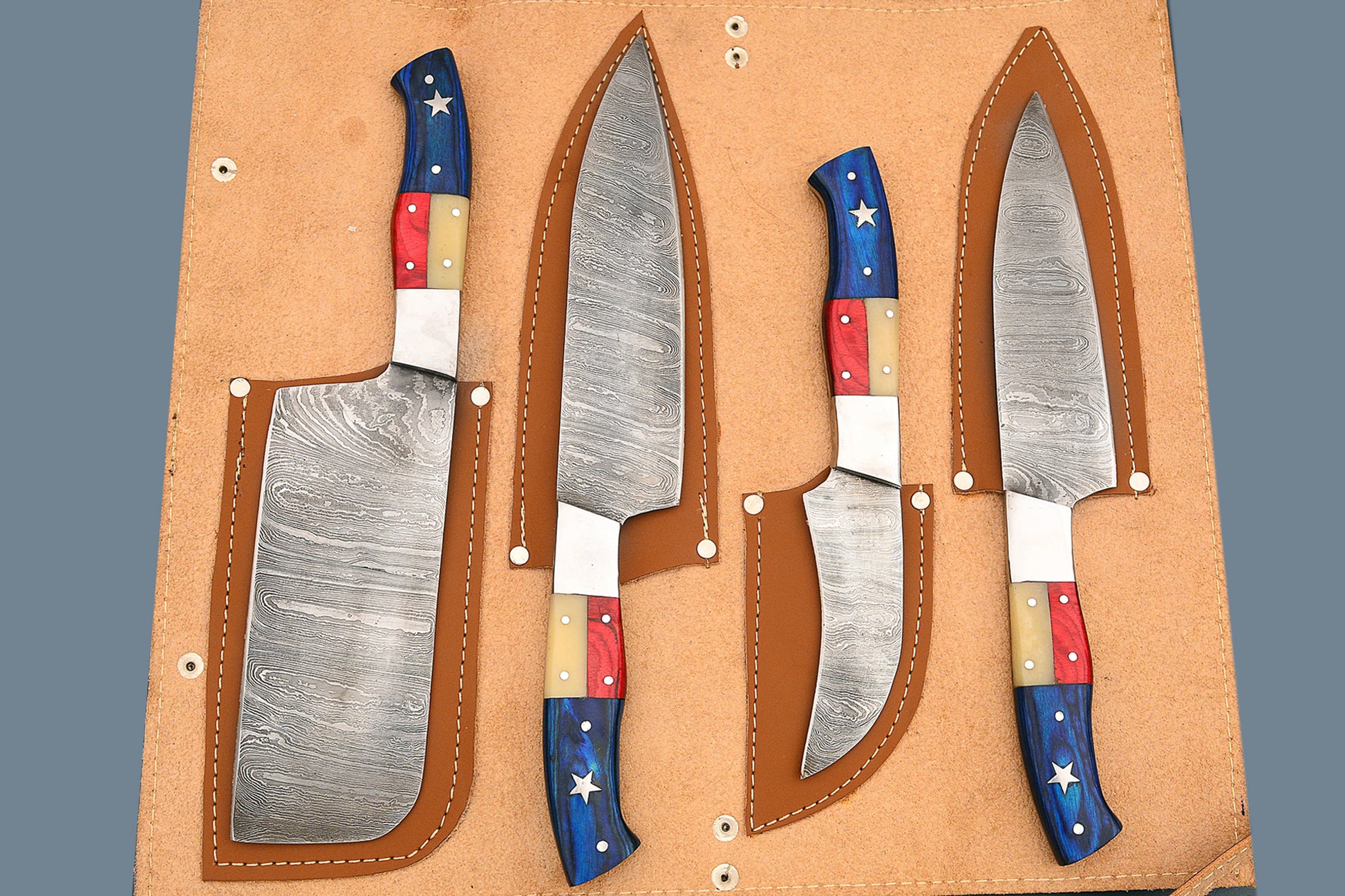 Damascus 4 Pcs Chef Knives Set - Handcrafted Kitchen Knives with Leather Holder