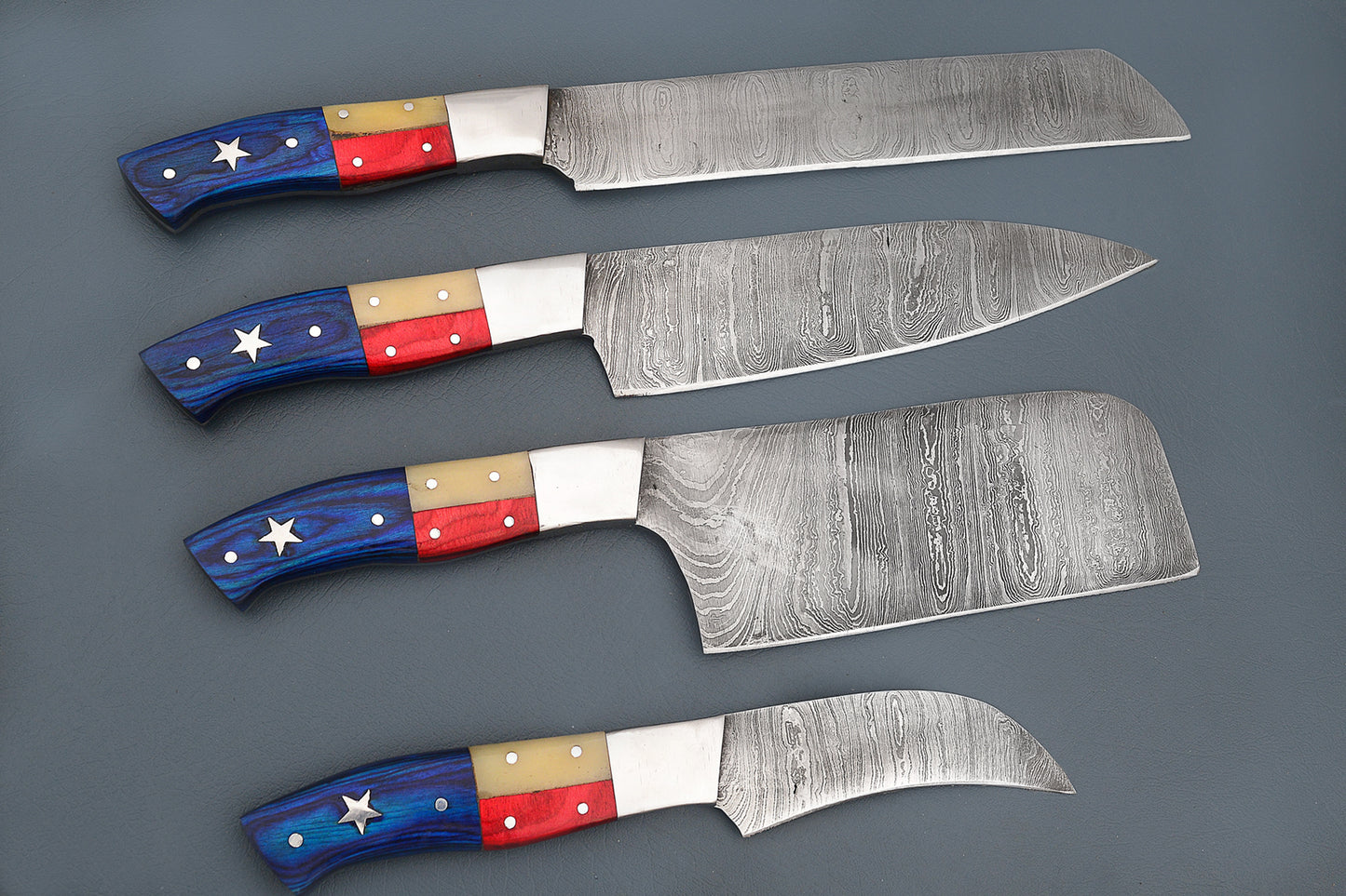 Texas Flag Handle Damascus Chef Knives set