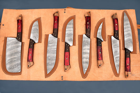 Premium 8-Piece Chef Knives Set - Damascus Steel Blades | Olive, Stabilized, and Iron Wood Handles