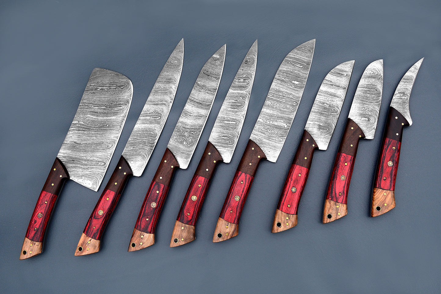 Premium 8-Piece Chef Knives Set - Damascus Steel Blades | Olive, Stabilized, and Iron Wood Handles