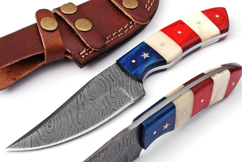 Handcrafted Hunting Knife with USA Flag Handle - 8" Damascus Steel Blade