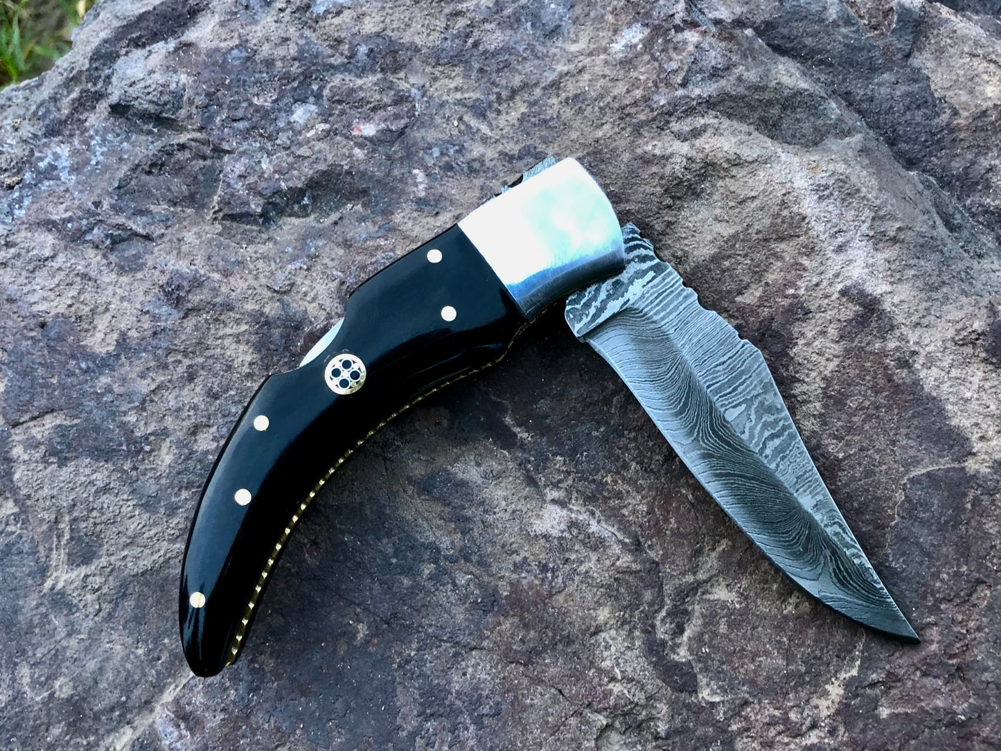 Custom Damascus Pocket Folding Knife with Camel Bone Handle